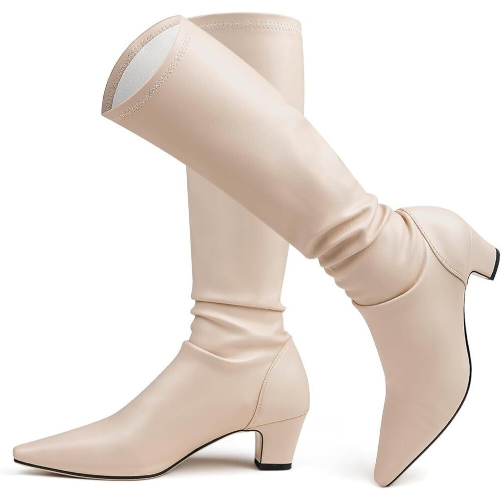 Women's Knee High Apricot-h Boots Pointed Toe Stretchy Block Heel Pull On Style